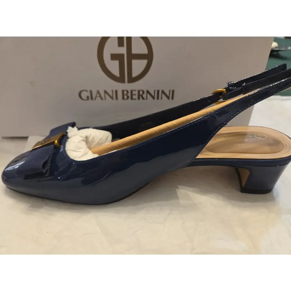 Women's Giani Bernini Battah Block Heel Slingback Pumps Navy Patent Us 6.5